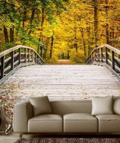 Bridge Pathway surrounded by bright yellow Trees  3D Custom wall murals / wallpapers – DCWM001569