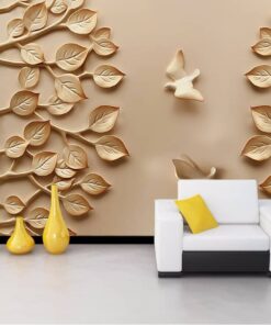 Brown Painted leaves and Bird 3D custom photomural wallpaper - dcwm000419