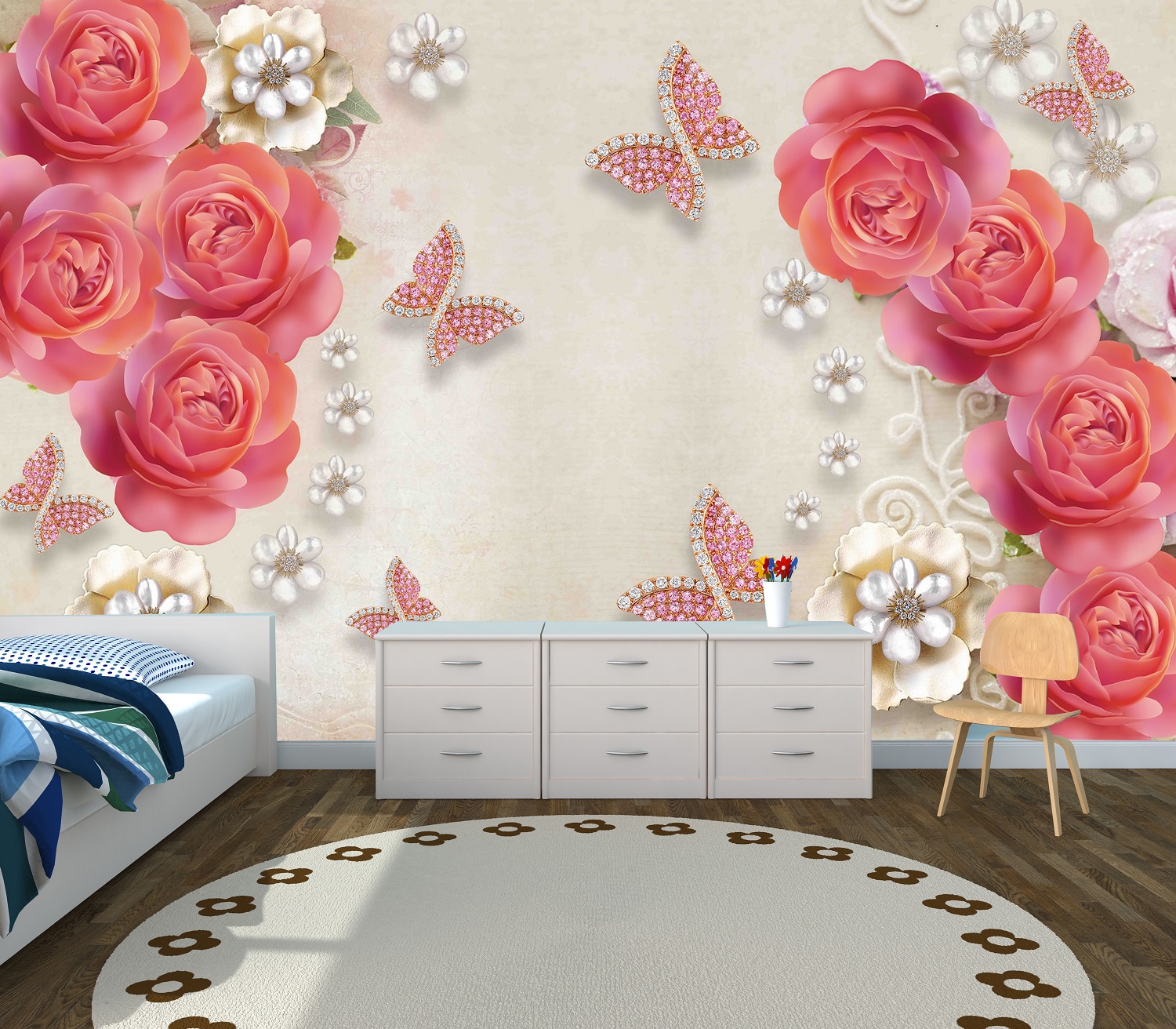 Pink 3D Rose Flower custom photomural wallpaper - dcwm000504 - Decor City