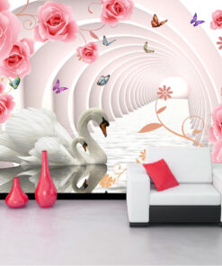 Pink Roses and Swans in a Tunnel custom photomural wallpaper - dcwm000540