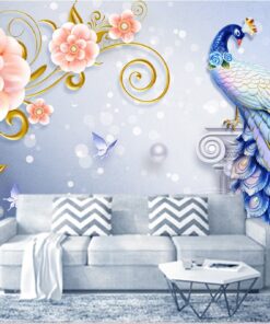 Blue Peacock and Pink Floral custom Photomural wallpaper design - DCWM0402721