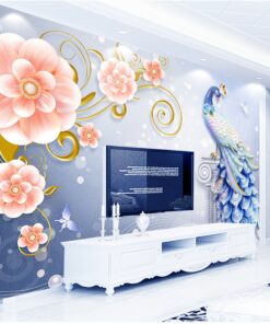 Alternative view of Blue Peacock and Pink Floral custom Photomural wallpaper design - DCWM0402721