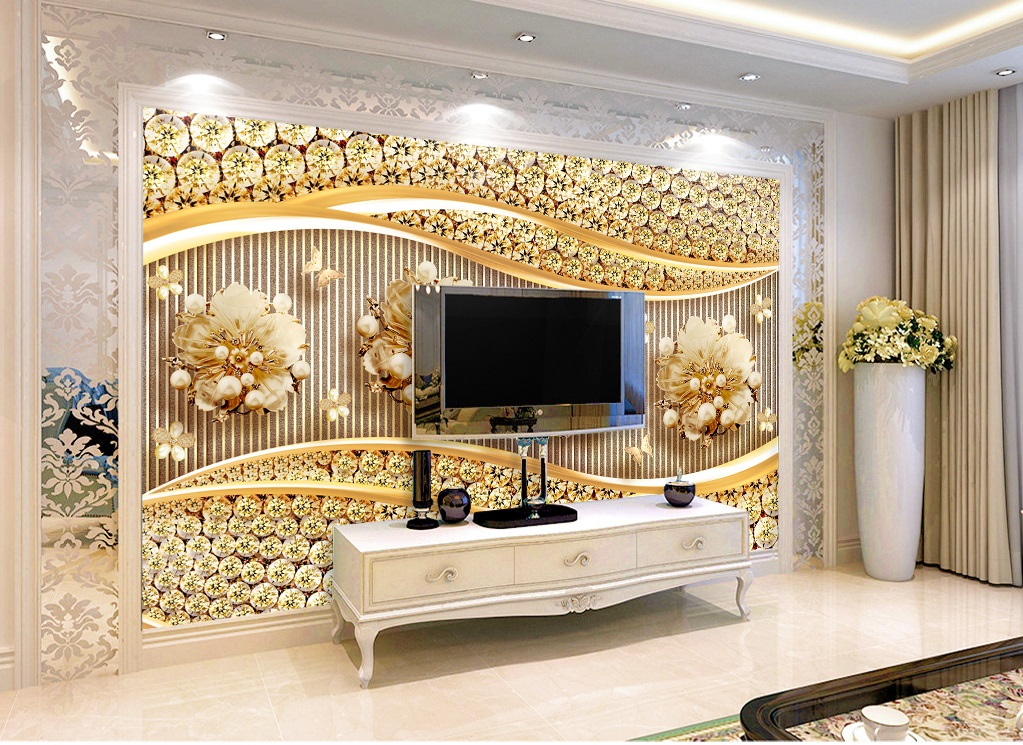 Gold Florals and Diamonds Custom Photomural wallpaper design - DCWM0455078  - Decor City
