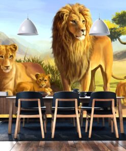Lion, Lioness and Cubs 3D / 5D / 8D wall murals / custom wallpaper - DCWM20061314