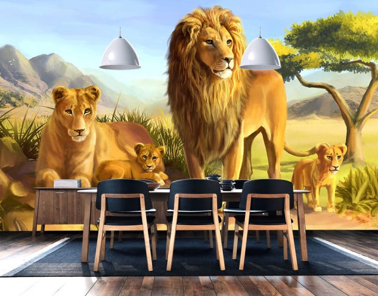 Lion, Lioness and Cubs 3D / 5D / 8D wall murals / custom wallpaper ...