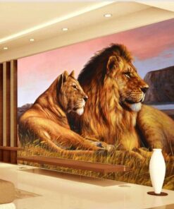 Lion and Lioness on a plain 3D / 5D / 8D wall murals / custom wallpaper - DCWM20061315