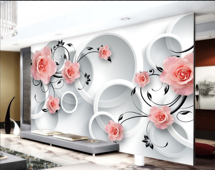 Pink flowers and White Circle Background 3D / 5D / 8D wall murals / custom  wallpaper - DCWM20061322 - Decor City