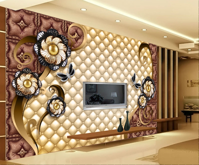 Gold Flowers on Brown Leather effect background 3D / 5D / 8D wall murals /  custom wallpaper - DCWM20061323 - Decor City
