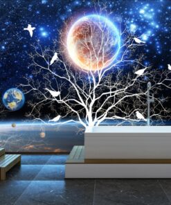 Alternative view of White Tree on a full moon Blue Sky 3D / 5D / 8D wall murals / custom wallpaper - DCWM20061329