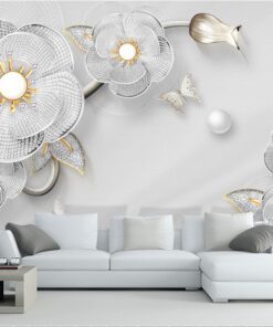 Alternative view of White Flower with Gold Nectars 3D / 5D / 8D wall murals / custom wallpaper - DCWM20061330