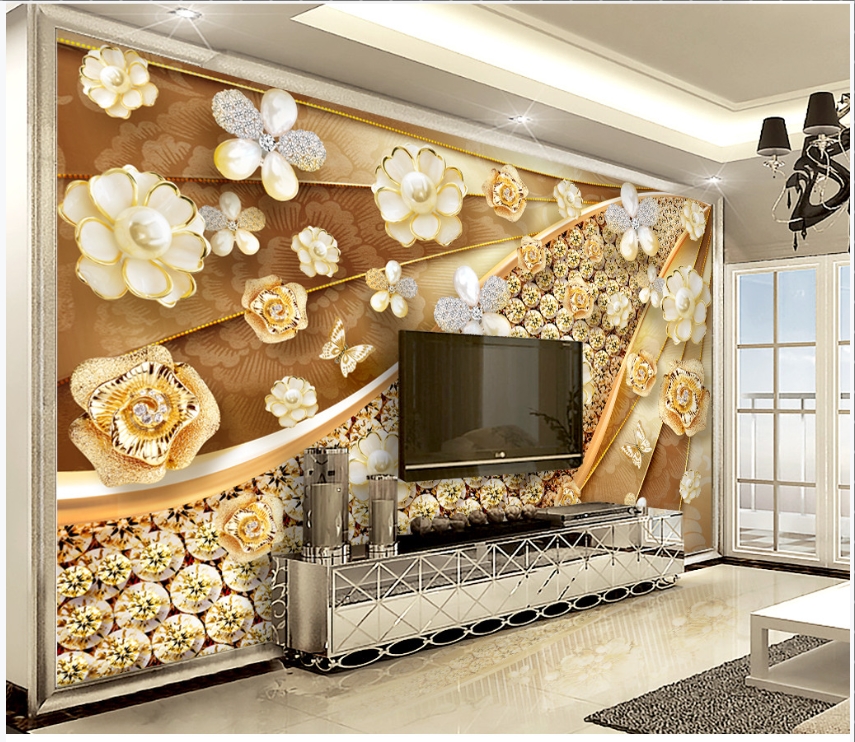 Gold flowers and diamonds 3D / 5D / 8D wall murals / custom wallpaper -  DCWM20061333 - Decor City