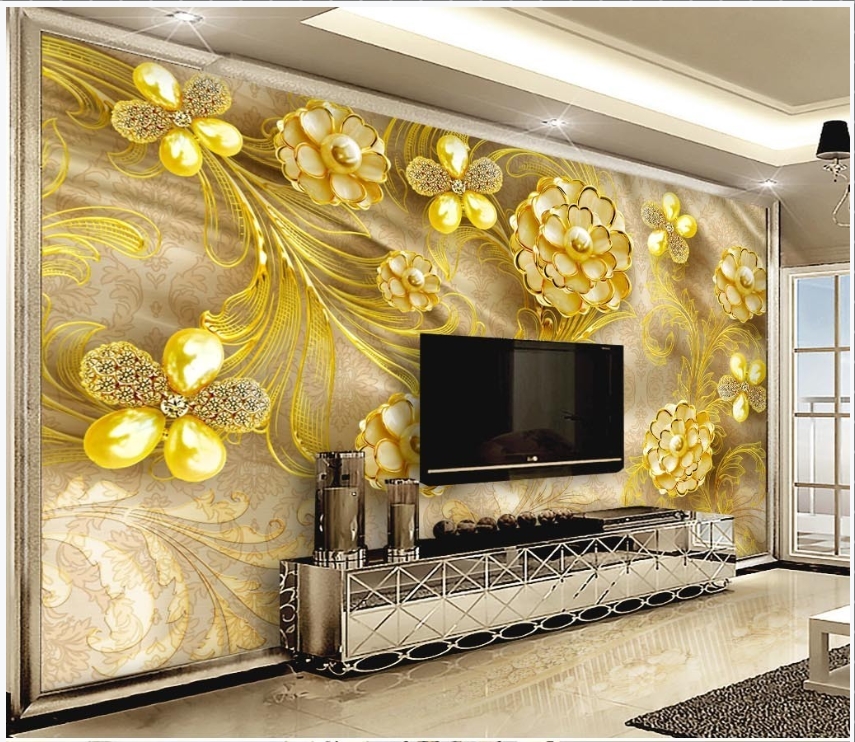 Gold Flowers and Pearls 3D / 5D / 8D wall murals / custom wallpaper -  DCWM20061339 - Decor City