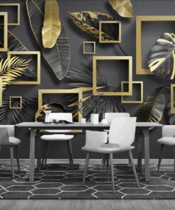 Gold and Black Squares and Leafs 3D / 5D / 8D wall murals / custom wallpaper - DCWM2006134