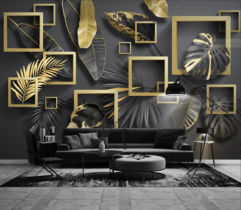 Gold and Black Squares and Leafs 3D / 5D / 8D wall murals / custom