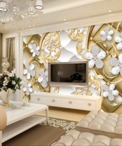 Alternative view of White pearls and diamonds on gold pattern background 3D / 5D / 8D wall murals / custom wallpaper - DCWM20061344