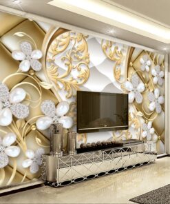 White pearls and diamonds on gold pattern background 3D / 5D / 8D wall murals / custom wallpaper - DCWM20061344