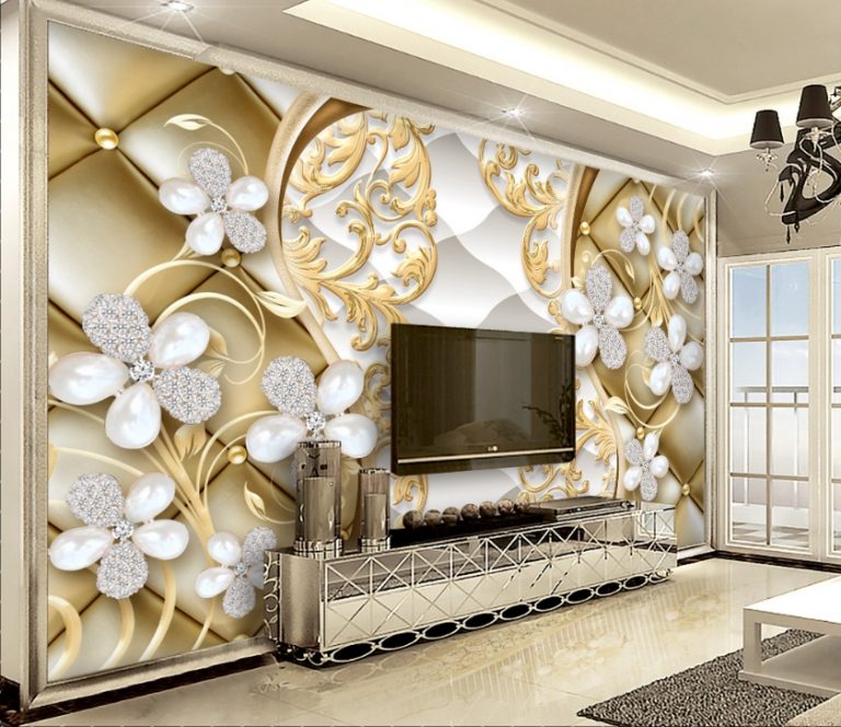 White pearls and diamonds on gold pattern background 3D / 5D / 8D wall ...
