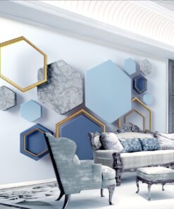 Alternative view of Blue, Grey, Gold Hexagonal 3D / 5D / 8D wall murals / custom wallpaper - DCWM2006135