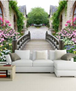 Concrete pathway with garden of flowers 3D / 5D / 8D wall murals / custom wallpaper - DCWM20061351