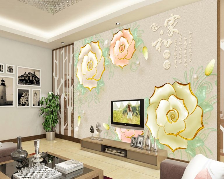 Green, Pink and Gold Floral 3D / 5D / 8D wall murals / custom wallpaper ...