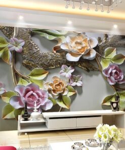 Multi coloured leaves and flowers on branch3D / 5D / 8D wall murals / custom wallpaper design - DCWM20061367