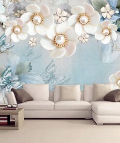 White florals with Blue flowers and butterflies 3D / 5D / 8D wall murals / custom wallpaper design - DCWM20061372