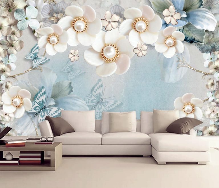 White florals with Blue flowers and butterflies 3D / 5D / 8D wall murals / custom wallpaper