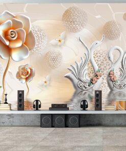 Flowers and Swans 3D / 5D / 8D wall murals / custom wallpaper design - DCWM20061374