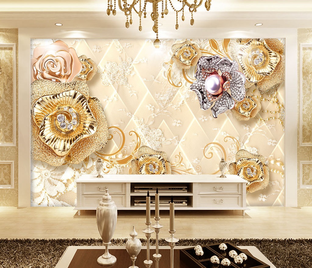 Gold floral 3D / 5D / 8D wall murals / custom wallpaper design -  DCWM20061376 - Decor City