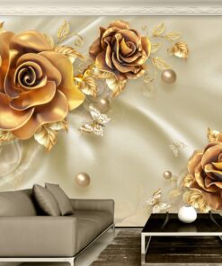 Gold Flowers, butterflies and pearls 3D / 5D / 8D wall murals / custom wallpaper design - DCWM20061377