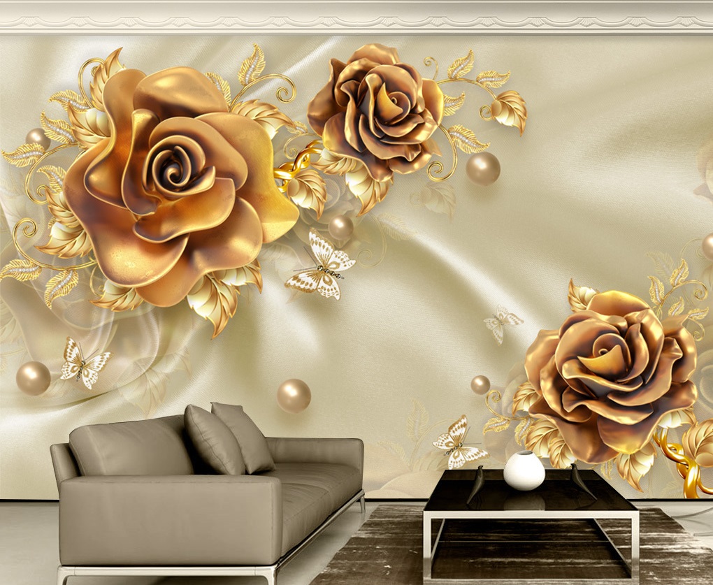 Gold Flowers, butterflies and pearls 3D / 5D / 8D wall murals / custom wallpaper  design - DCWM20061377 - Decor City
