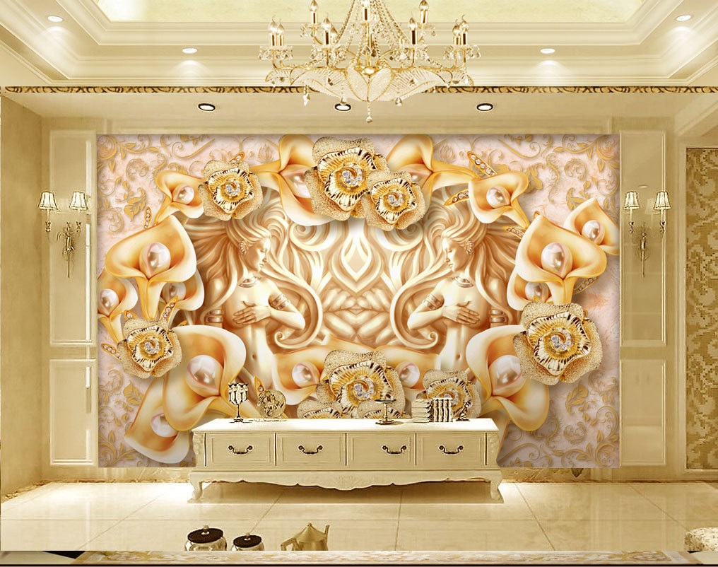 Gold flowers and Goddesses 3D / 5D / 8D wall murals / custom wallpaper  design - DCWM20061381 - Decor City