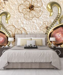 Gold Flowers and Swan 3D / 5D / 8D wall murals / custom wallpaper design - DCWM20061382