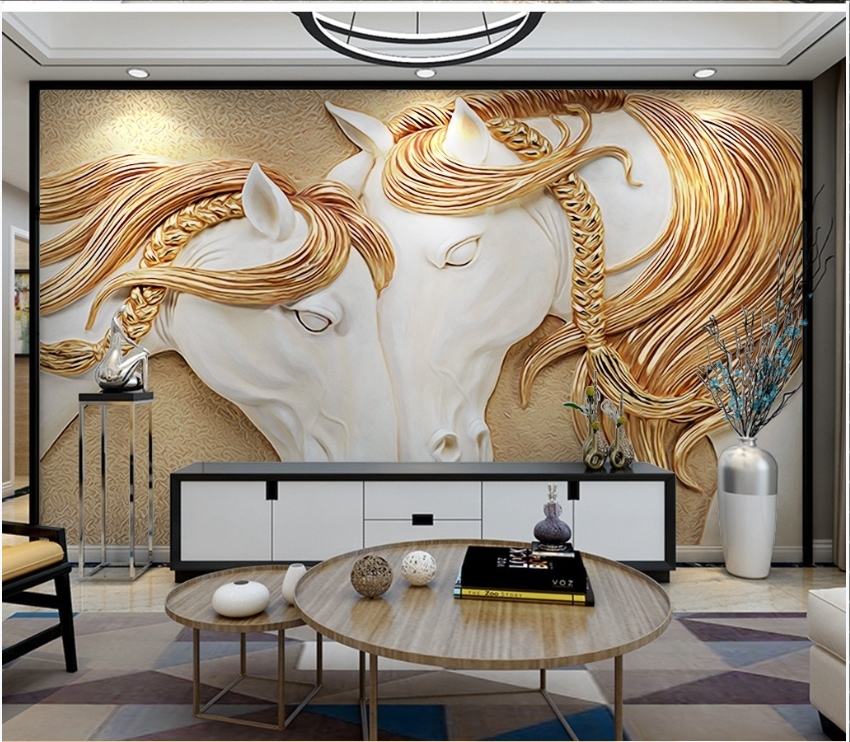 Gold and White horses 3D / 5D / 8D wall murals / custom wallpaper -  DCWM2006139 - Decor City